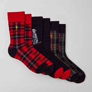 NWT Polo Ralph Lauren Black/Red/Green Tartan Plaid Dalmatian Dog Socks 3-Pack